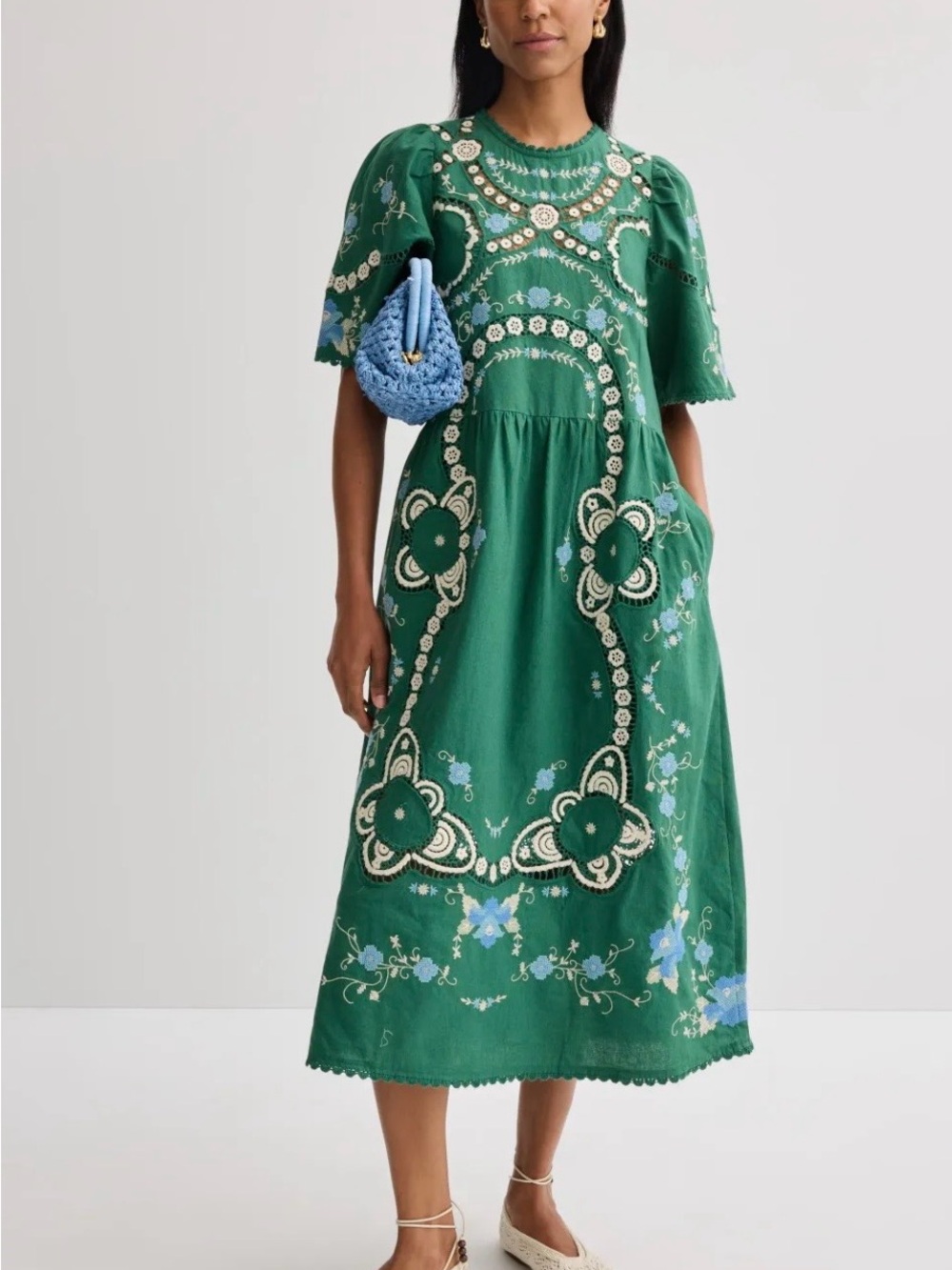 Sea New York Green Embroidered Midi Dress with Cream & Light Blue Accents